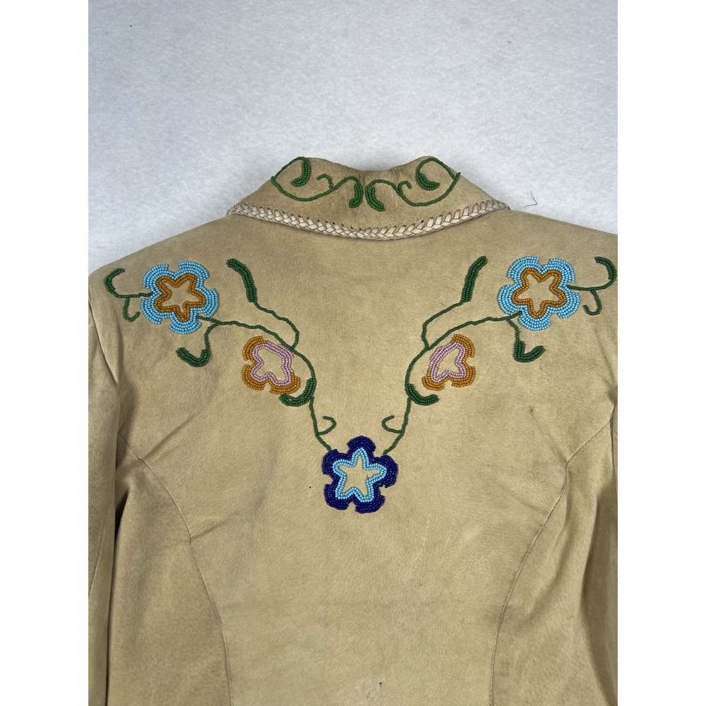 Ren Ellis Santa Fe Beaded Suede Leather Jacket Size 10 Tan Snap Front Lined - Picture 10 of 15